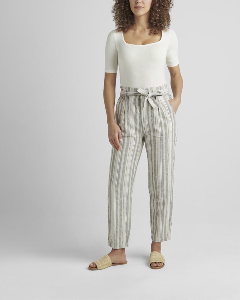 Front of a model wearing a size 10 Belted Pleat High Rise Tapered Leg Pant In Linen Stripe in Linen Stripe by JAG. | dia_product_style_image_id:351813